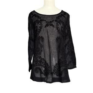 Lucky Brand Semi-Sheer Black Embroidered Blouse Womens Size M